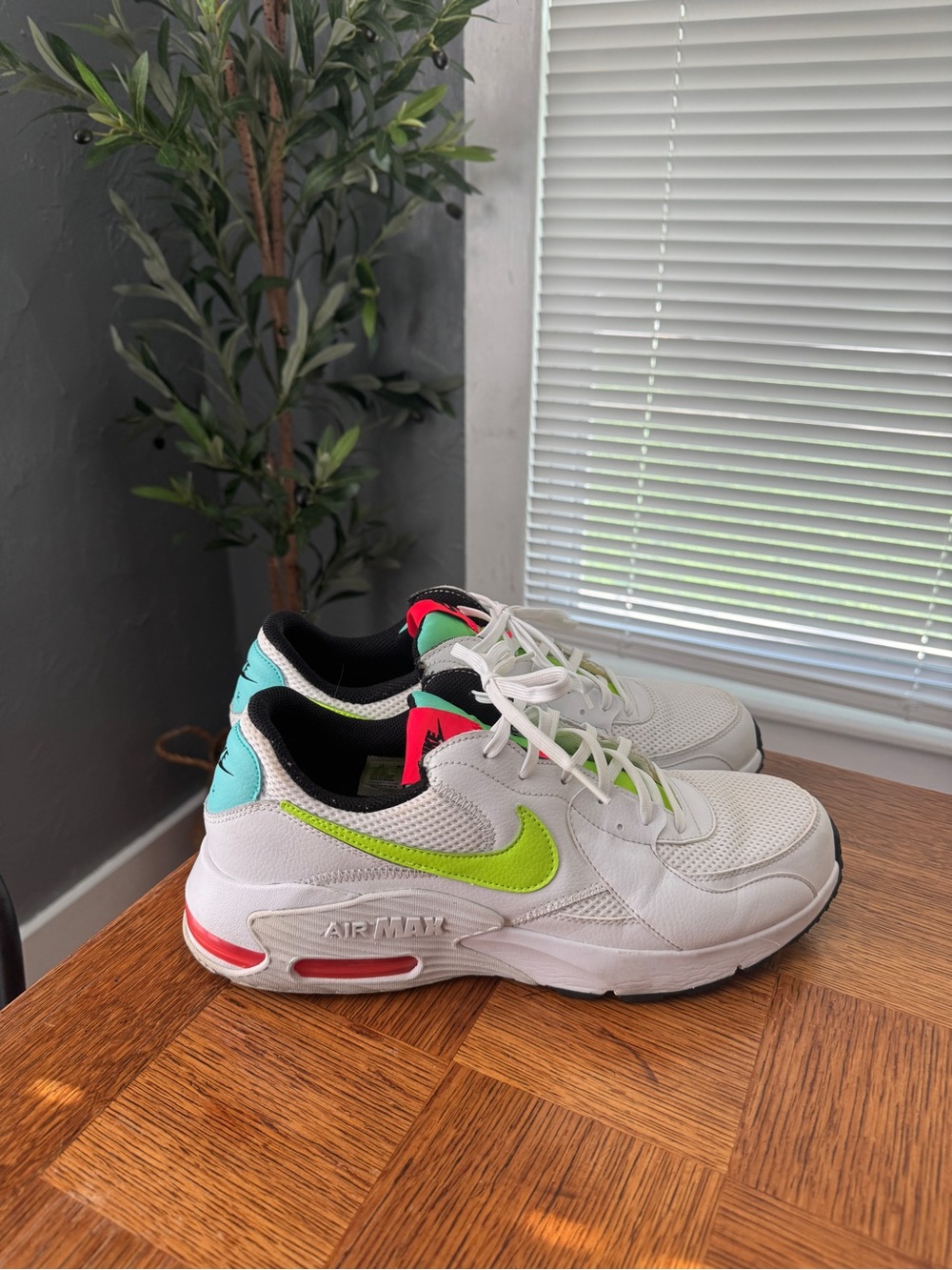 Nike White Sneakers with Lime Swoosh and Teal Heel